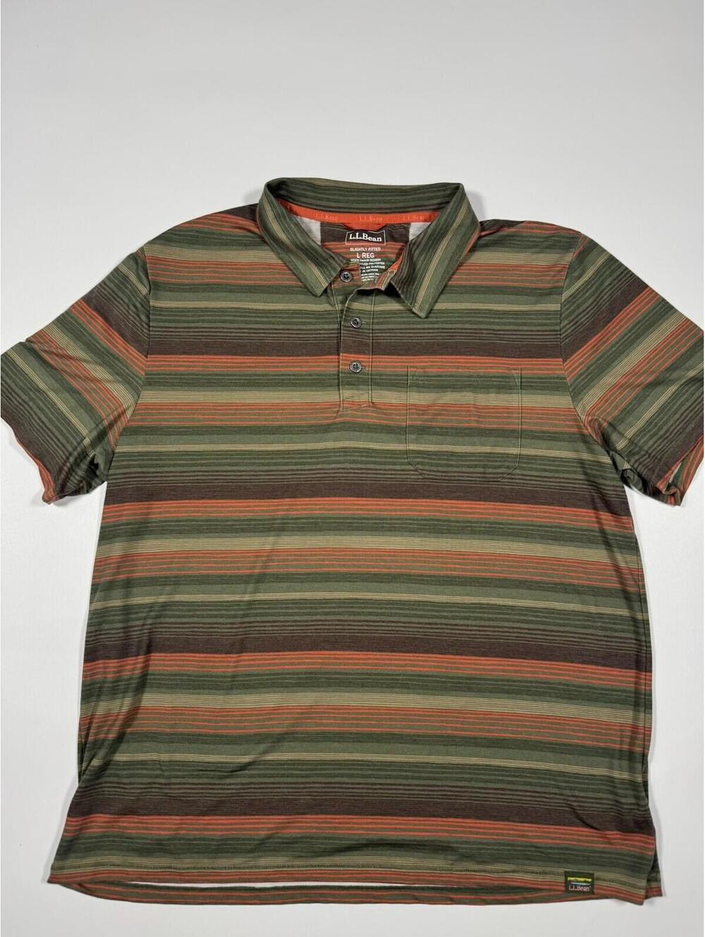 L.L.Bean Men’s Large Tall Striped Polo Shirt Green Orange Stretch Pocket